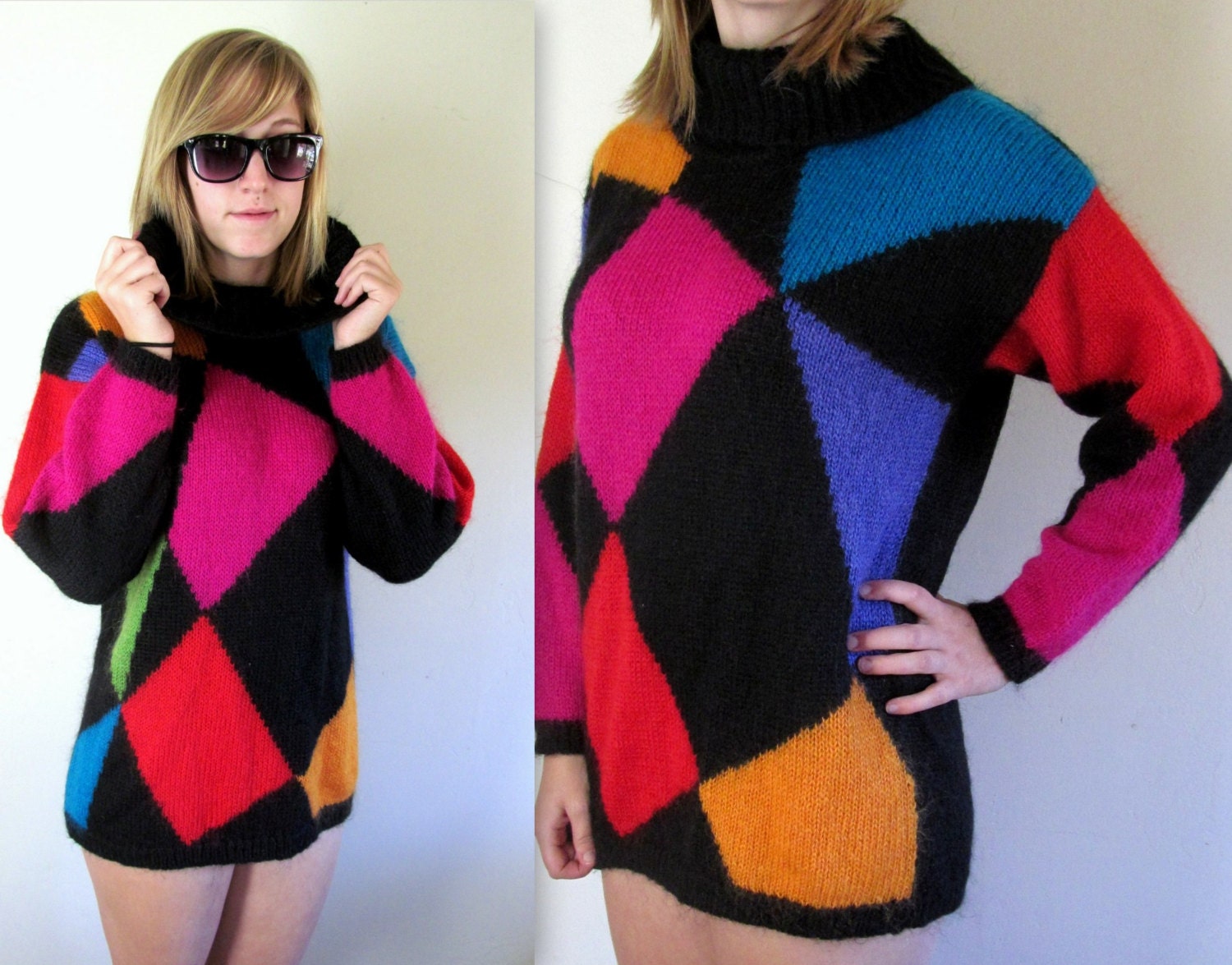 Vintage 80's Sweater Dress / 80's Dress / Micro Mini Sweater Dress / Colorful Color Block Sweater / Mohair