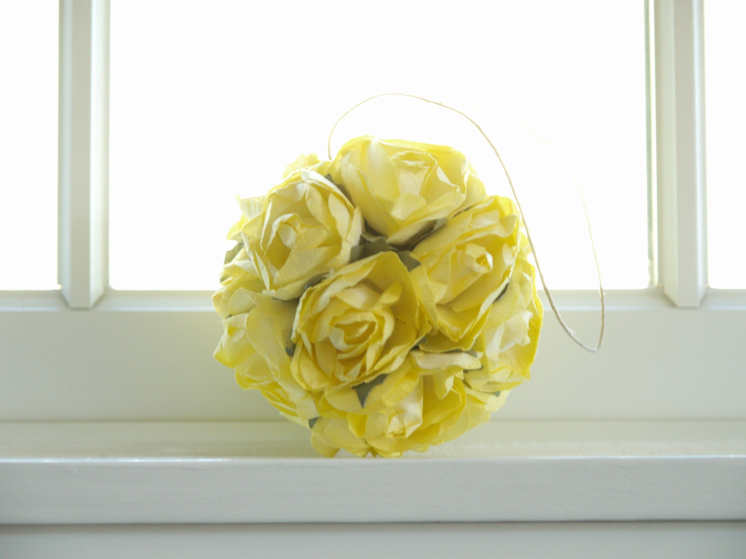Yellow Wedding Pomander Decorations made from vintage paper roses Photo Prop, Chair Pomander