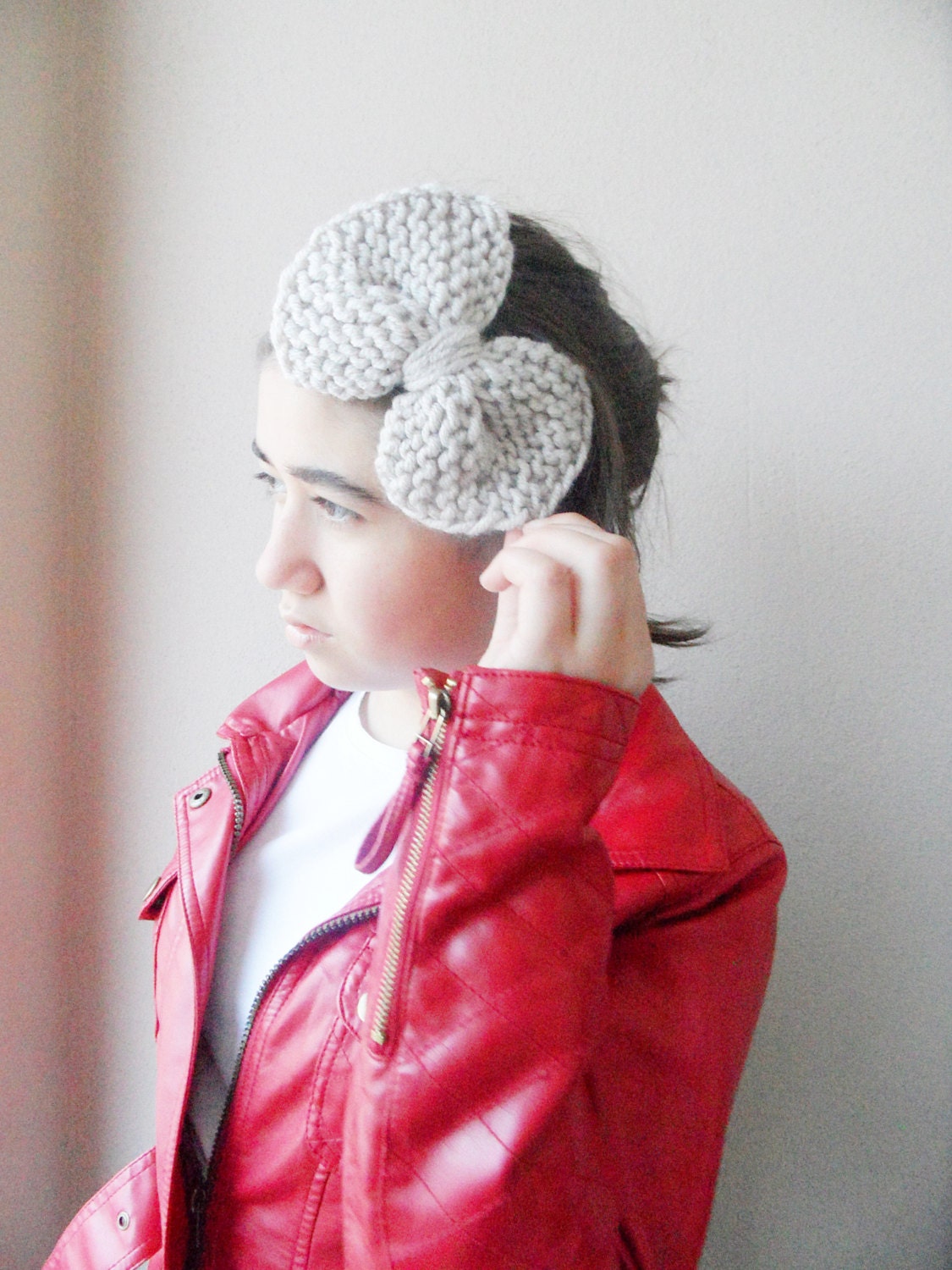 brown, headband, hair accessories, ear warmer , beige bow tie,   hair accessory, headset, brown, knitted headband,