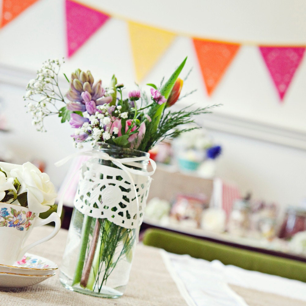 radiant lace wedding garland, celebration decoration, pink orange yellow, bright fabric bunting