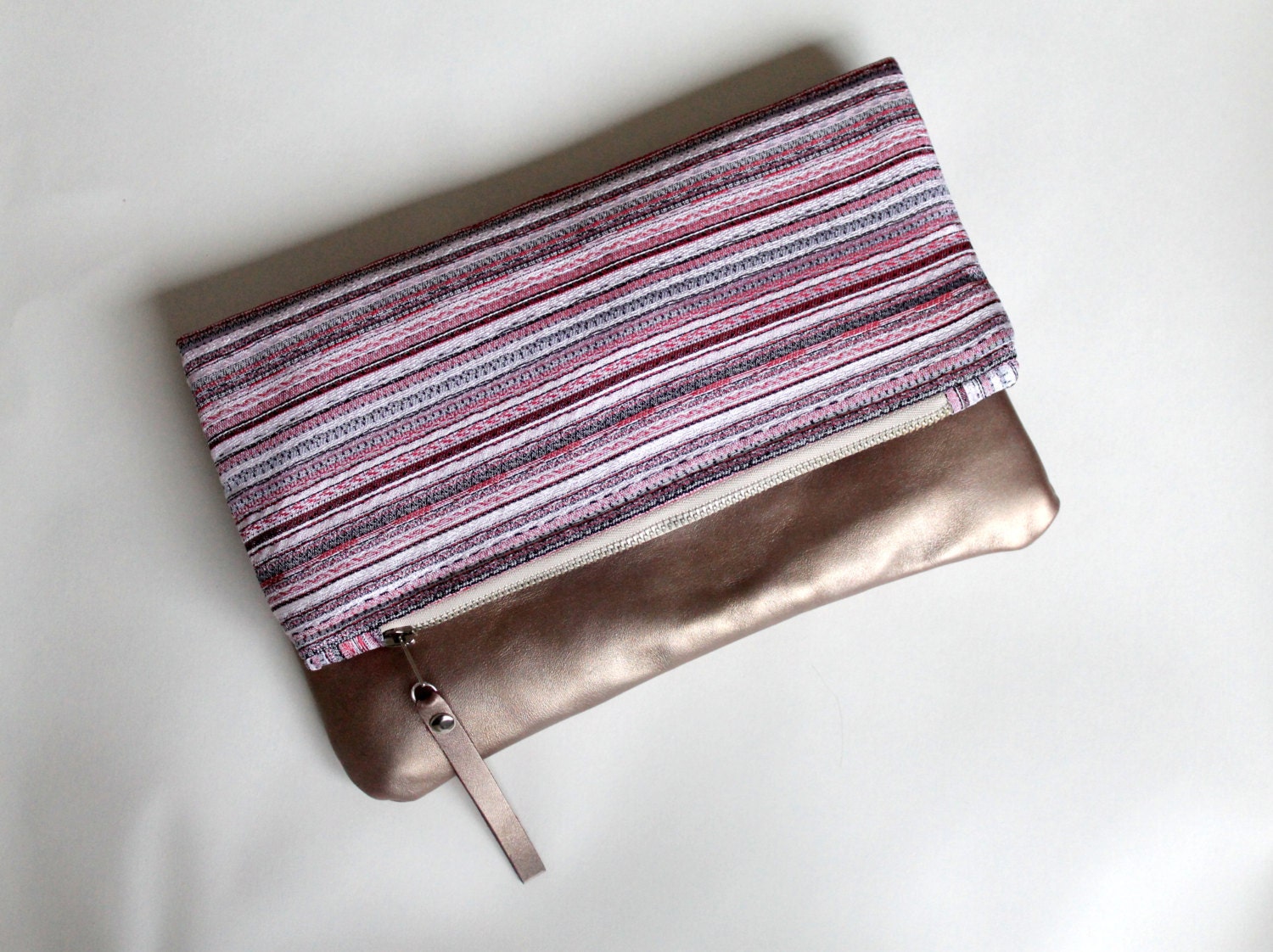 Silk clutch, fold over clutch with bronze leather