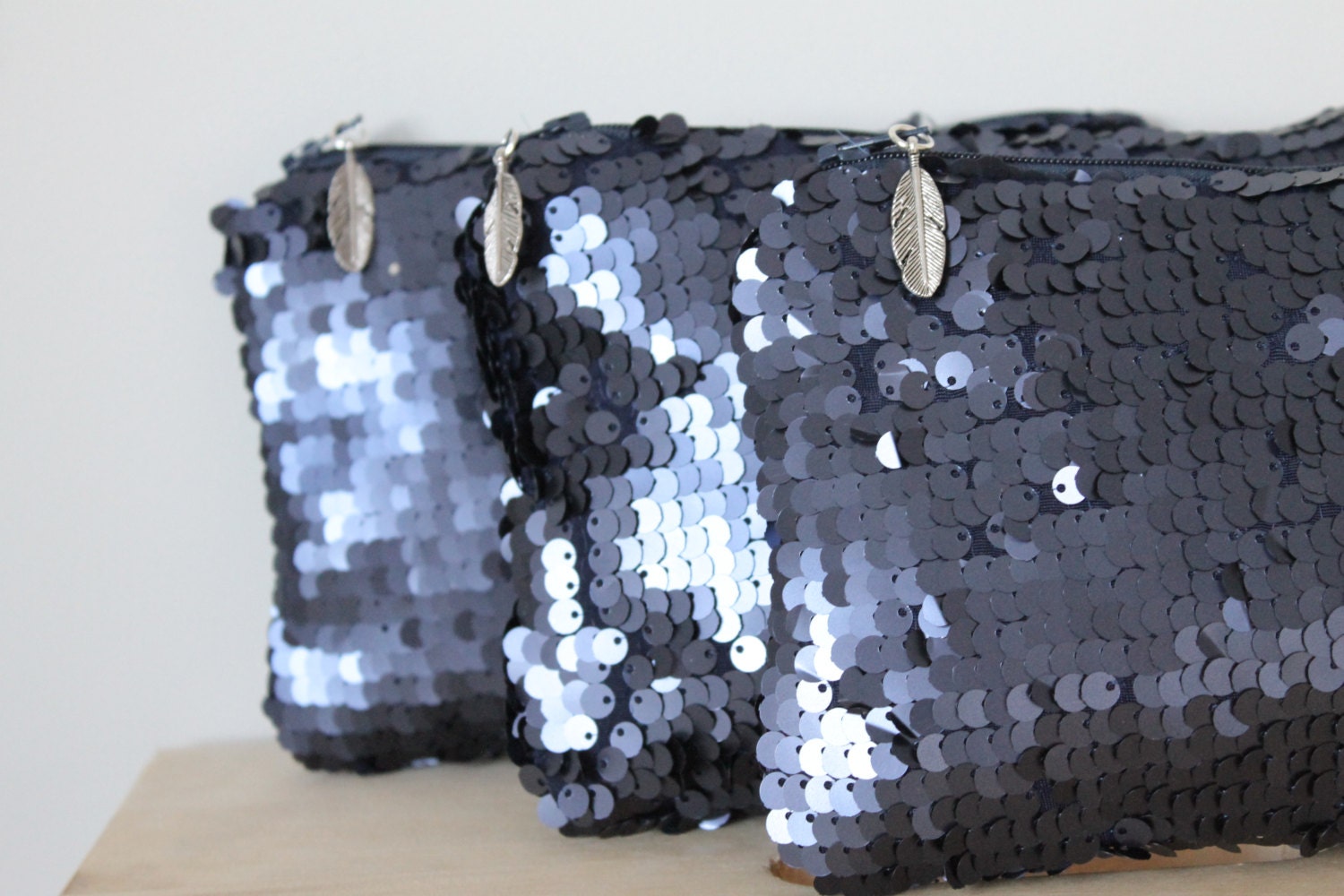 Navy sequin coin purses, Bridesmaids clutches, zipper pouches