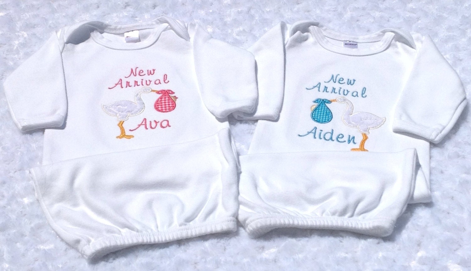 NEW ITEM Twin Newborn Applique Stork Personalized Baby Layette Gown
