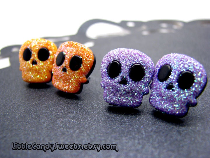 Glitter Skull earrings- orange and purple halloween studs