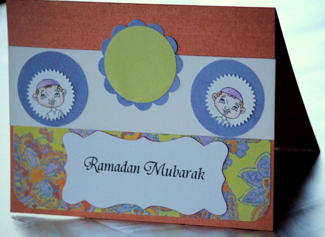 Ramadan Mubarak,Card with a muslim kid with Jilbab, for the Islamic Holiday "Set of 4"
