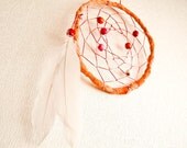 Dream Catcher - Orange Dreams- With Natural White Swan Feathers, Colorful Wooden Beads, Orange Nett and Frame - Home Decor, Mobile