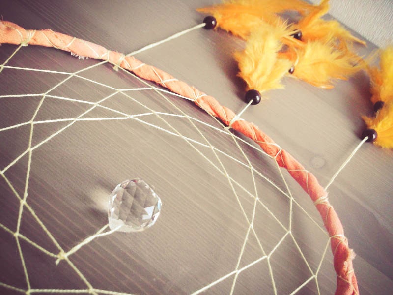 Dream Catcher - Yellow Star - With Clear Crystal Prism, Yellow Feathers, Nett and Hand Dyed Orange Frame - Home Decor, Mobile