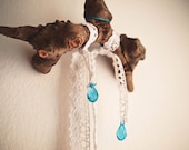 Unique Home Decor - Tribal Rain - Woodburning Decorated Driftwood Mobile with Sparkling Turquoise Drop Prism Crystals - Nursery Decoration