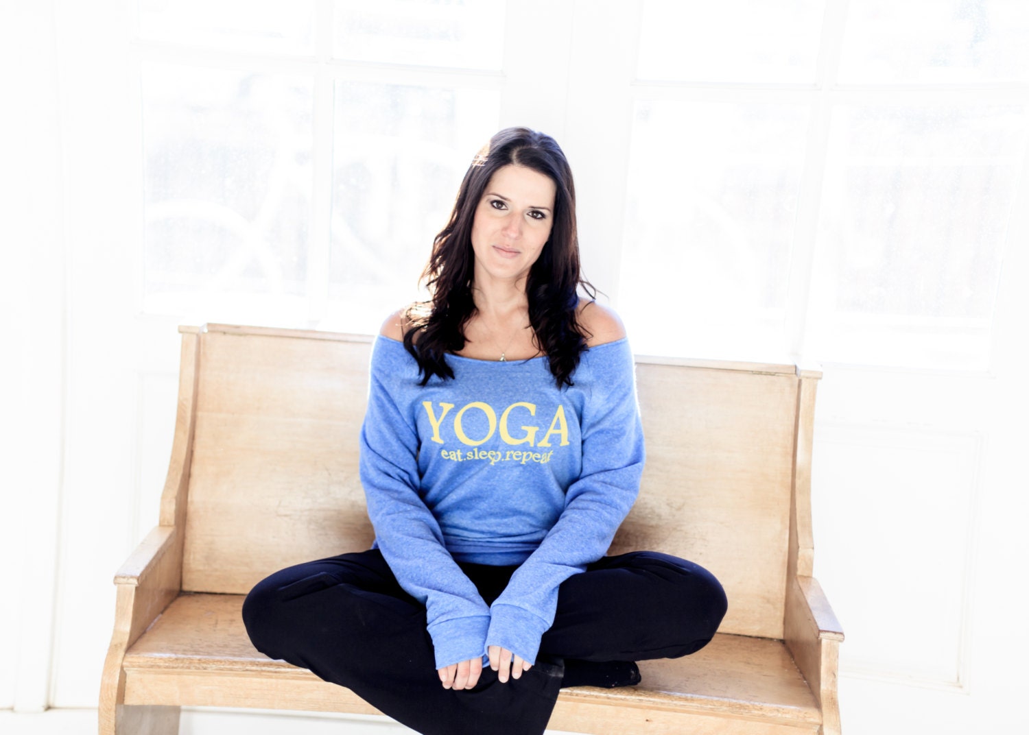 YOGA eat sleep repeat Off the Shoulder Comfy Couture Eco Fleece Sweatshirt