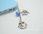 Pirate iPhone 5 4S 4 charm,3.5mm dust proof plug with rudder and anchor and sea blue crystal charms,fit for samsung Blackberry HTC PSRA03