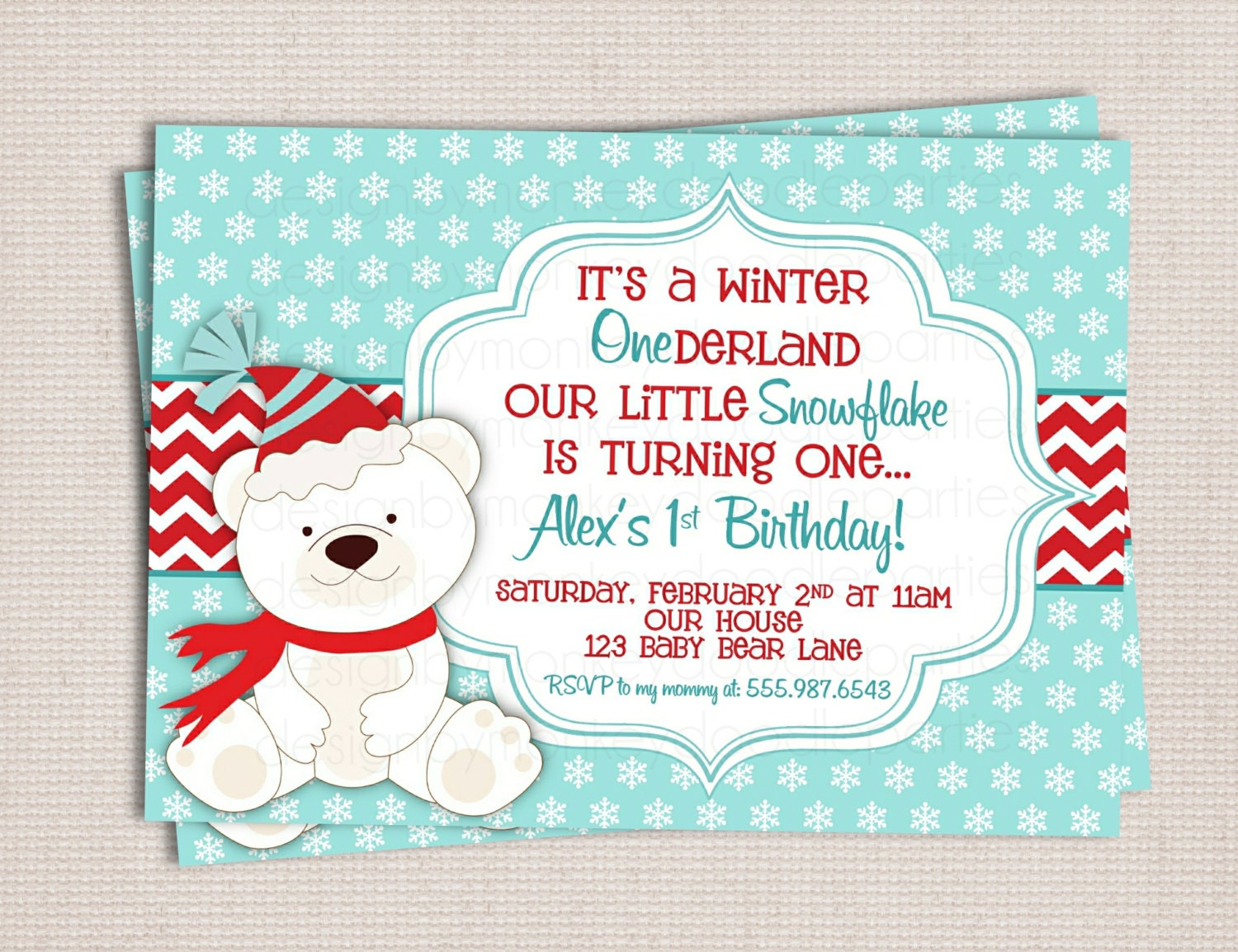 Winter ONEderland Polar Bear Turquoise and Red Birthday Party Printable Invitation Digital File Il_570xn