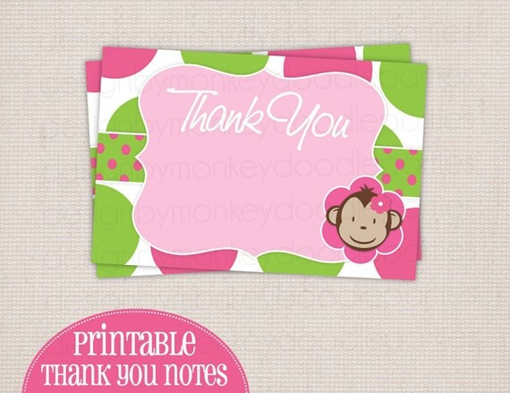 Adorable Mod Monkey Pink & Lime Dots Printable Thank You Notes - Blank DIY Il_570xn
