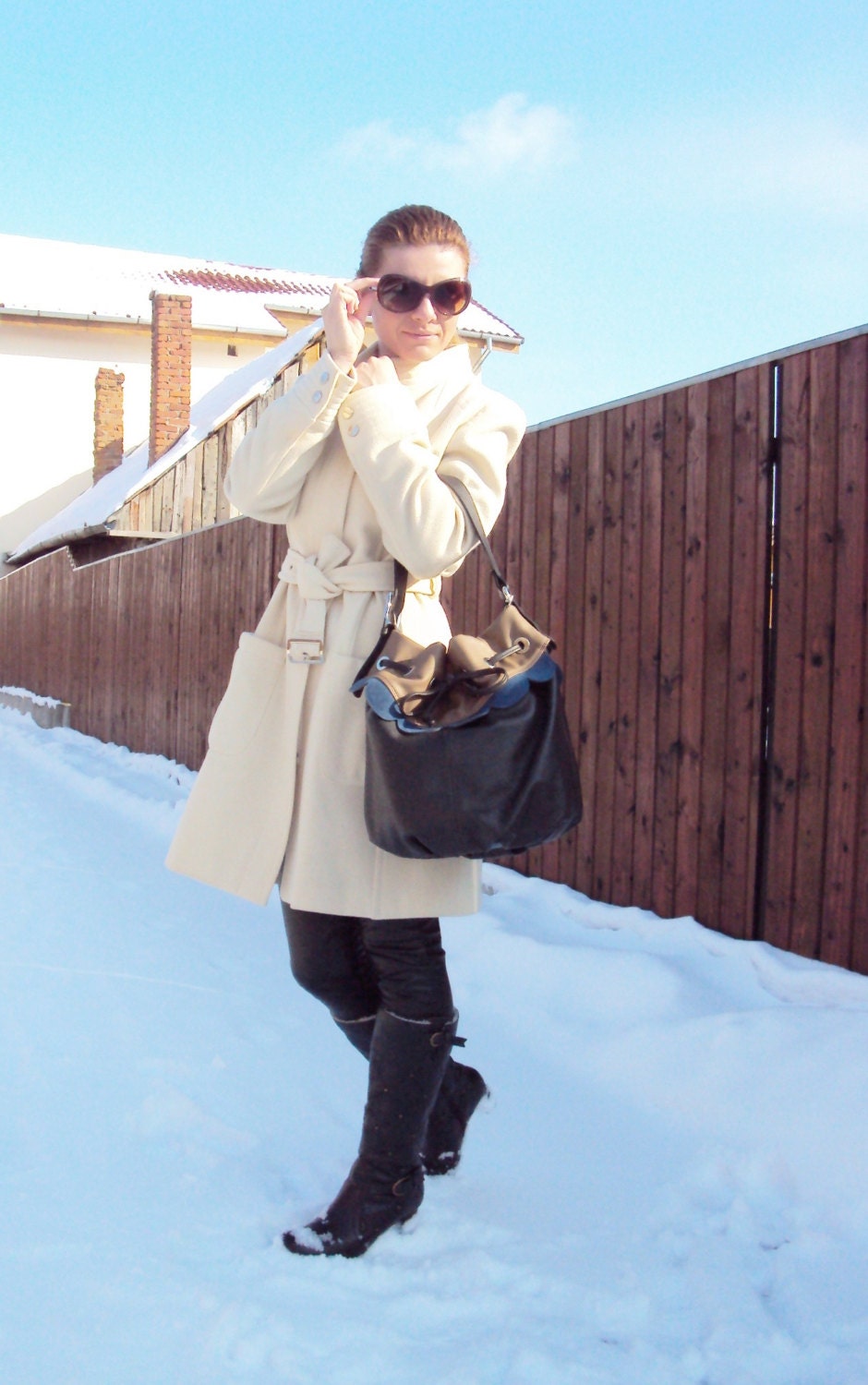 Brown Leather Drawstring Bag Bucket Bag Blue Brown Carryall Bag Shoulder Bag Leather Sack Sand