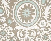 Powder Blue, Taupe & White Suzani Fabric Remnant 13" x 22"