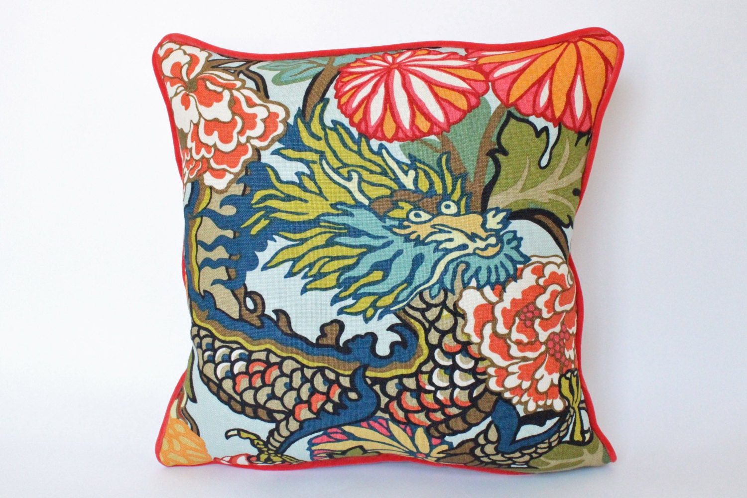 Chiang Mai Dragon Pillow Cover on Both Sides With Red Piping