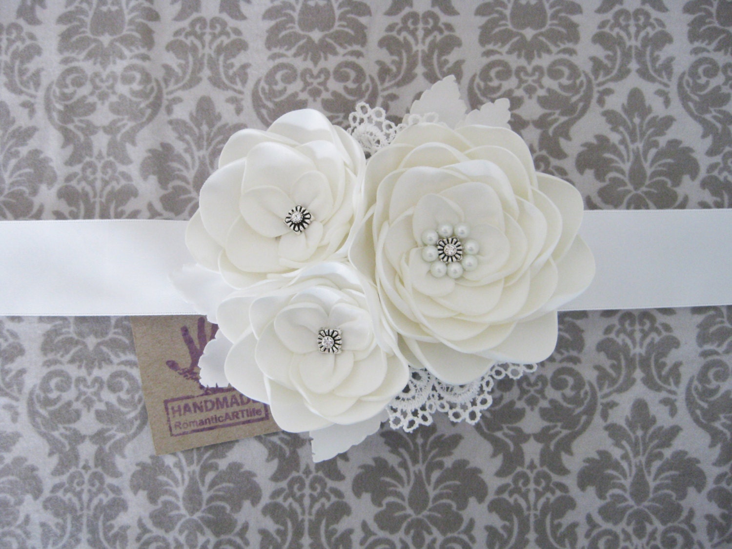 Bridal Gown Dress Sash. Off-white White Bridal Flower Dress Sash. Wedding White Flowe Sash. Bridal Flower Sash.