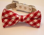 Plaid Red Dog Bow tie with High Quality White Leather Collar, Cute Dog Bow tie,Cute  Red Dog Bow tie
