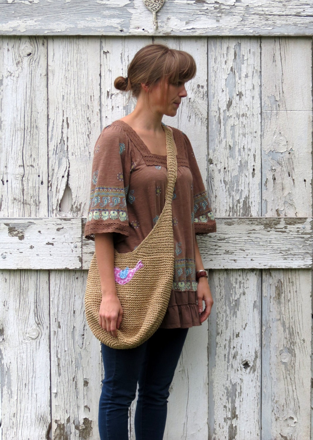 Boho Bird Bag upcycled woven slouch bag natural over the shoulder market purse eco friendly