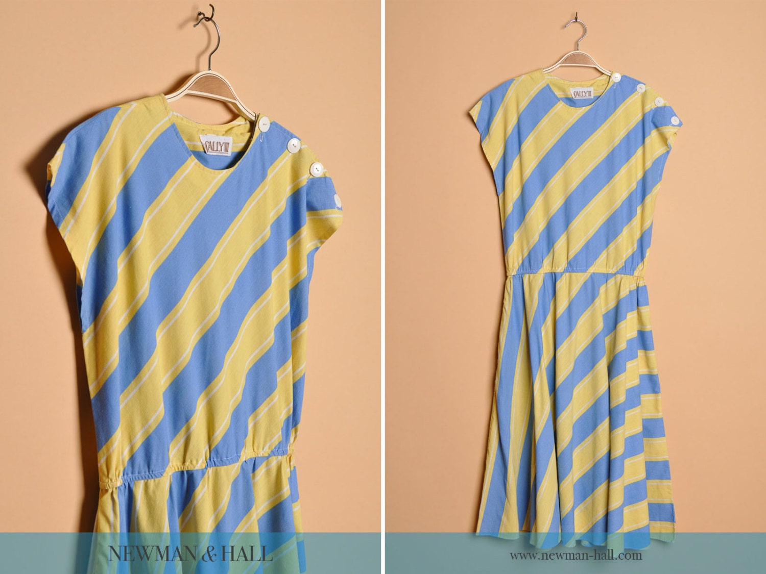 Vintage 1980s Blue and Yellow Striped Day Dress with Side Pockets, By Sally III, Size Large