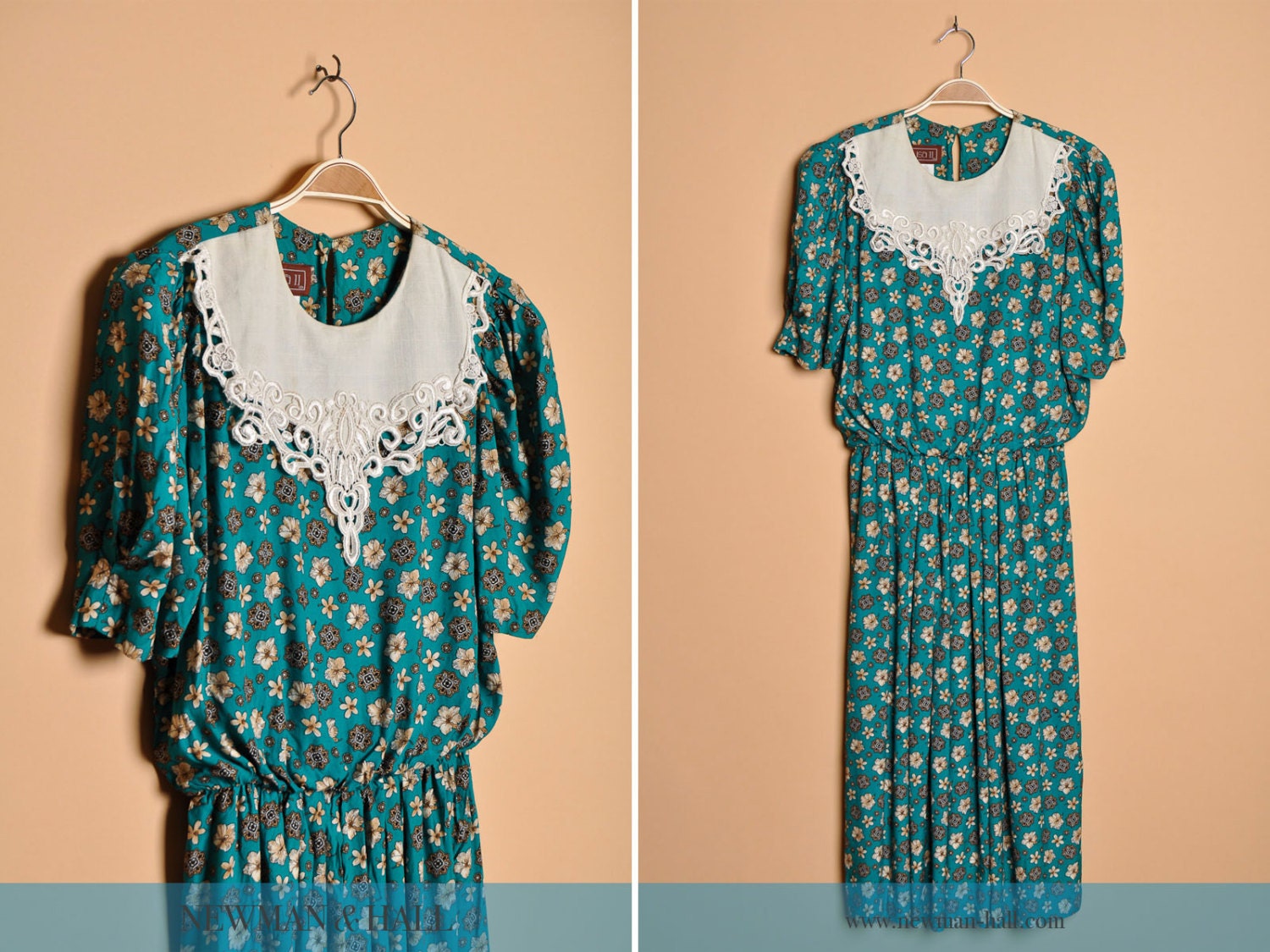 Vintage 1980s Green Floral Day Dress with Embroidered Bib, By Lisa II, Size Large