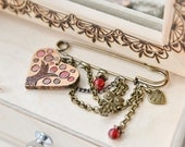 Pretty Heart and Tree Charm Safety Pin Brooch - Red Charms Brass brooch for Mom - Owl and Heart Brooch