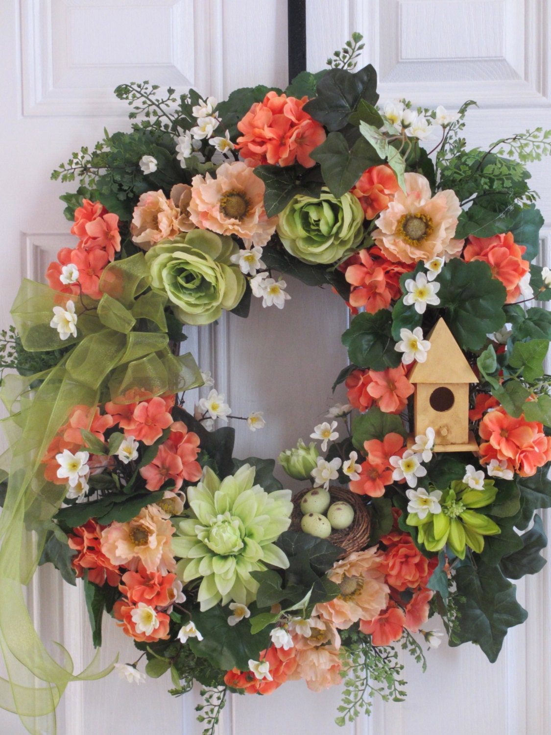 Front Door Wreath, Spring Wreath, Summer Wreath, Country Wreath, Geranium Wreath, Bird Nest, Bird House, lime green,pale orange/peach colors