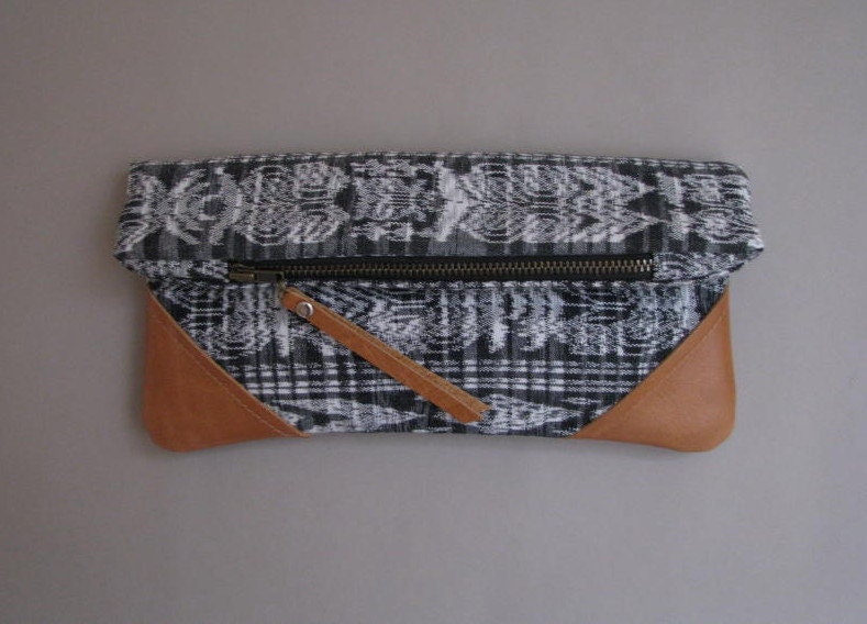 fold-over clutch, ikat  and leather