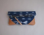 fold-over clutch, cotton and leather, ikat