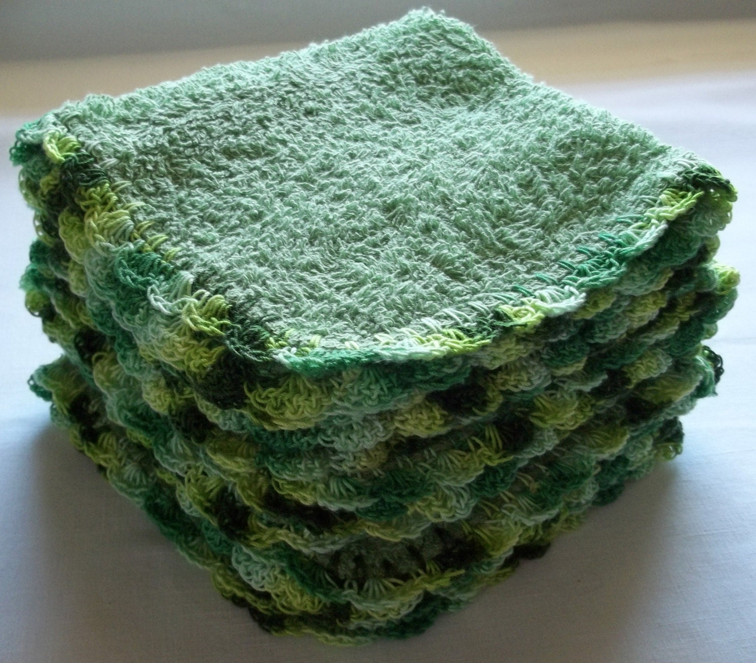 Handmade Crochet Trimmed Wash Cloths Light Green Dark Green Bathroom Linen Towels