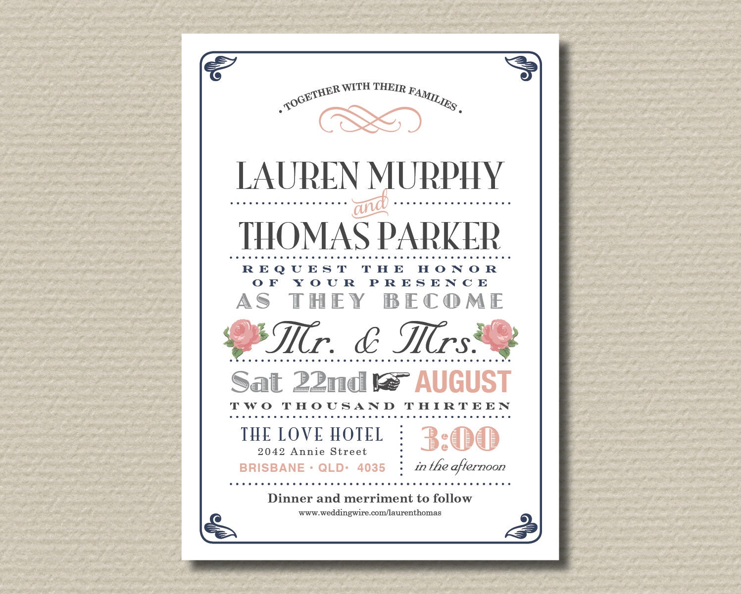 Printable Wedding Invitation & RSVP  - Vintage Rose Navy, Blush and Grey