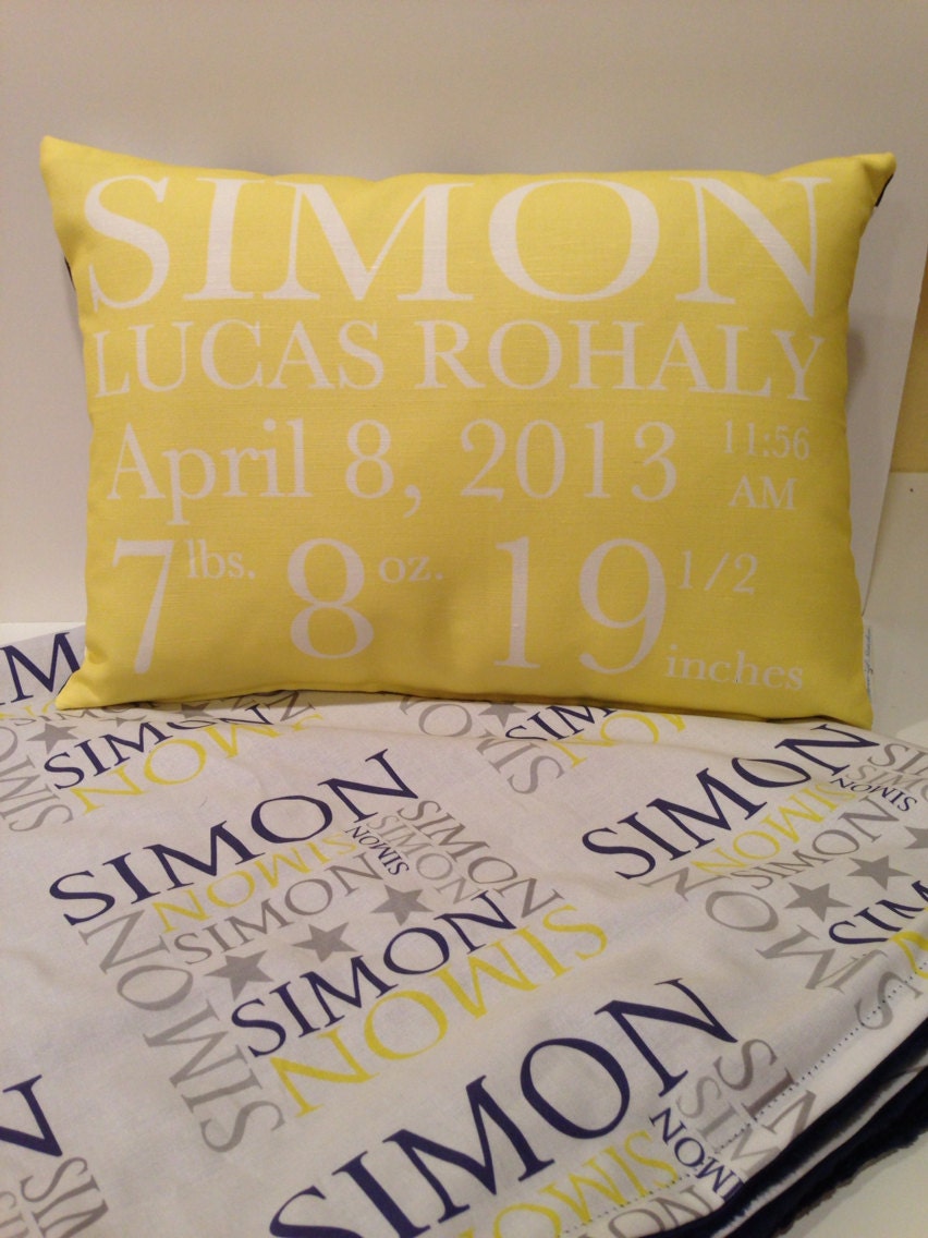 New Baby Gift Set- personalized birth announcement pillow and Name-Me Minky Blanket baby blanket baby pillow shower gift new baby