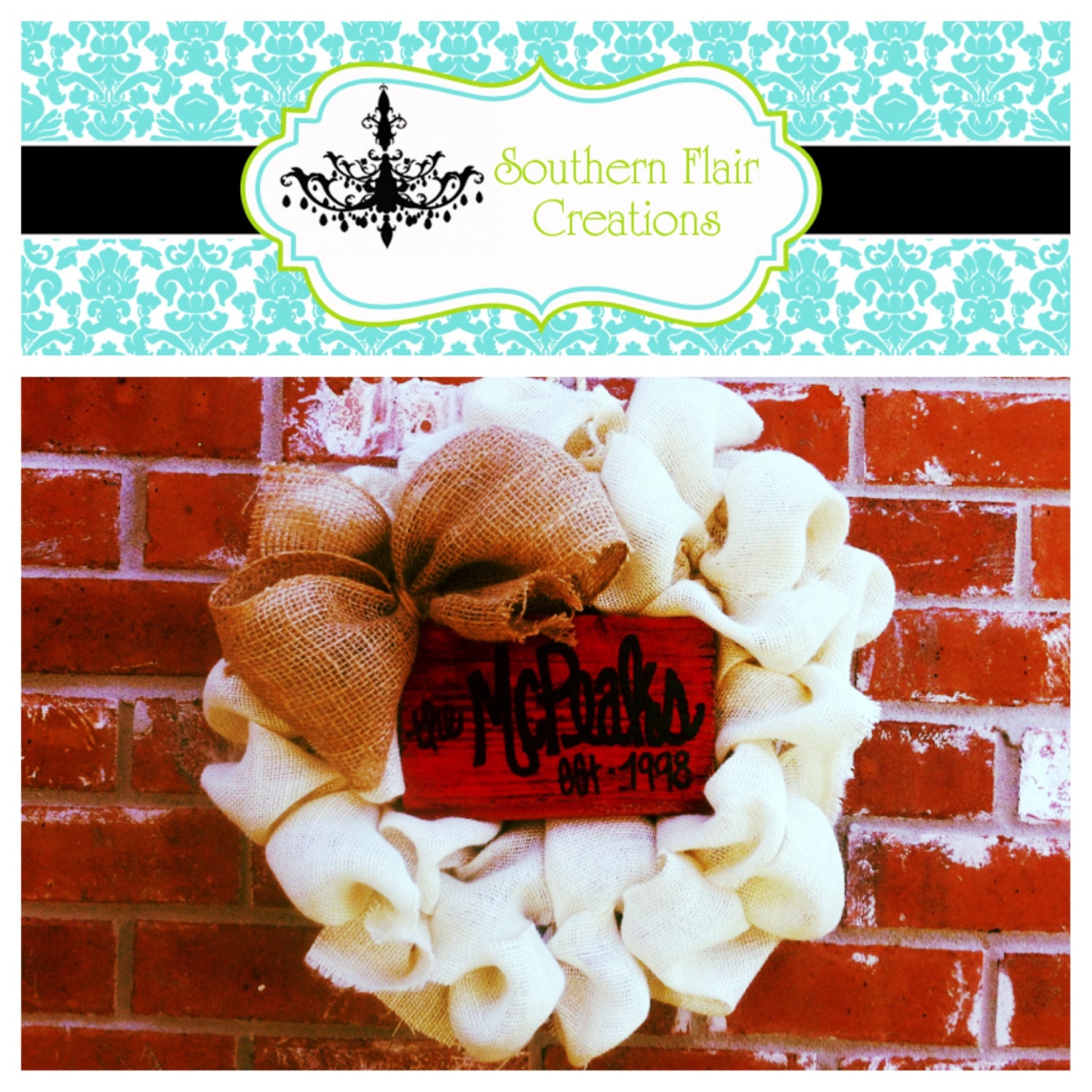 Custom Burlap Bunch Wreath with Personalized Barn Wood Family Est. Sign