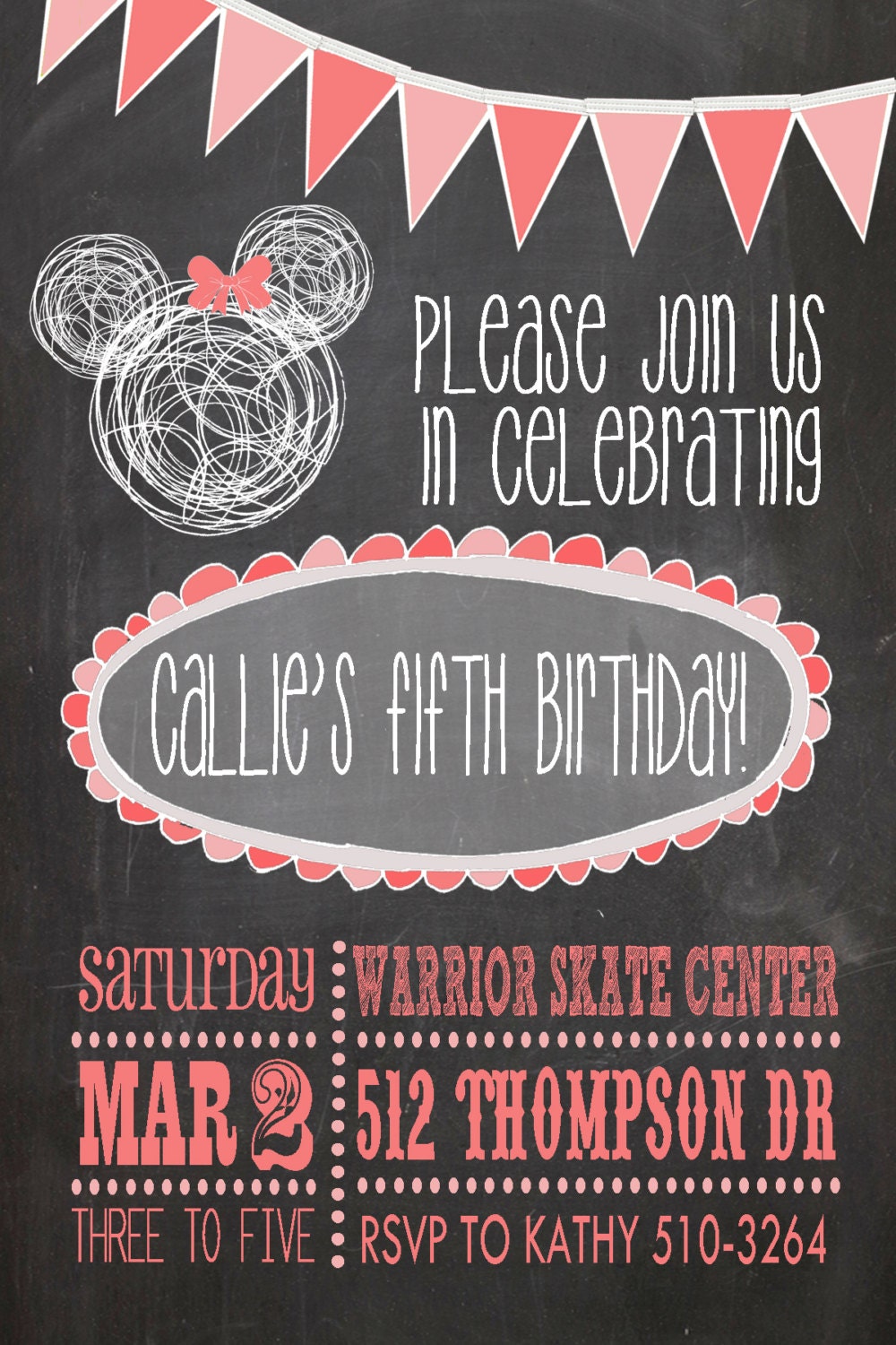 Custom Minnie Mouse Birthday Invitation Printable, Chalkboard Style, No. 11