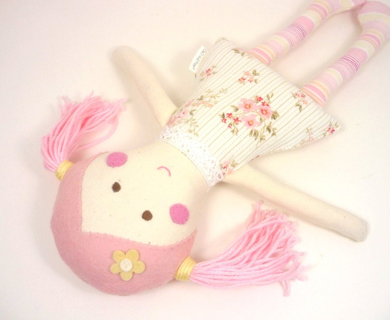 mini doll , mini rag doll , girl toy , fabric doll in pink and yellow , yarn hair doll , sweet doll , eco friendly toy for kids