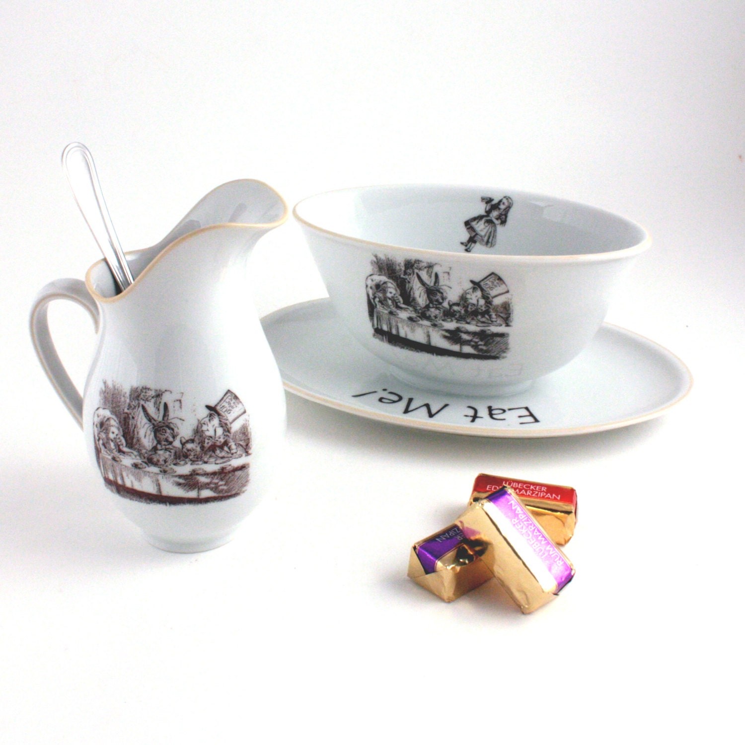 SALE Altered Tea Party Set Alice in Wonderland Chocolate Bowl and Creamer Vintage Porcelain White Brown Romantic Whimsical