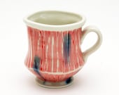 Handmade Porcelain Mug with Red Stripes and Blue, Runny Dots