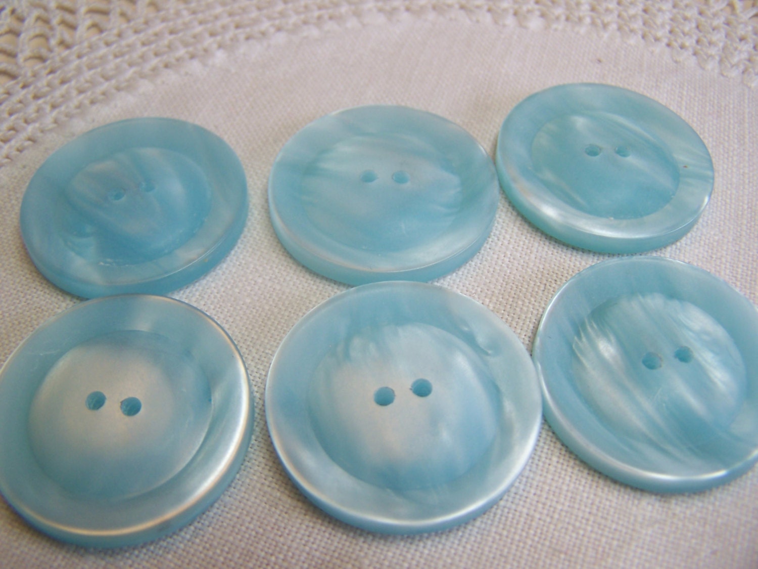 Pretty Large Vintage 1-1/8" Aqua Blue Pearlescent Buttons, Set of 6 (no. 1601)