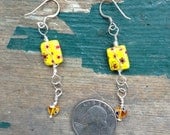 Millefiori Yellow Earrings, Silver Wire Wrapped Earrings, Red Heart Beads