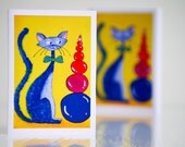 Funny greeting card - Playing cute cat - Yellow colorful bright kitty art - Kitten painting - Gray cat illustration