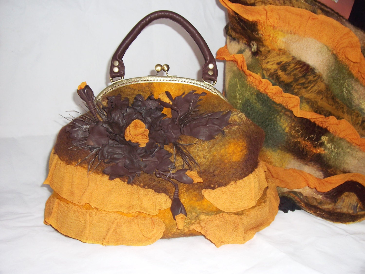 Felted bag  BRIGHT MOOD with leather flower,big bag with  metal frame, brown orange,green bag, eco friendly, ooak