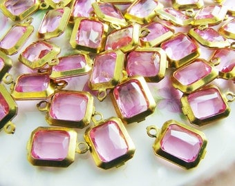 Vintage Pink Faceted Acrylic Stone Jewel Drop Charm (6) Brass Channel Setting