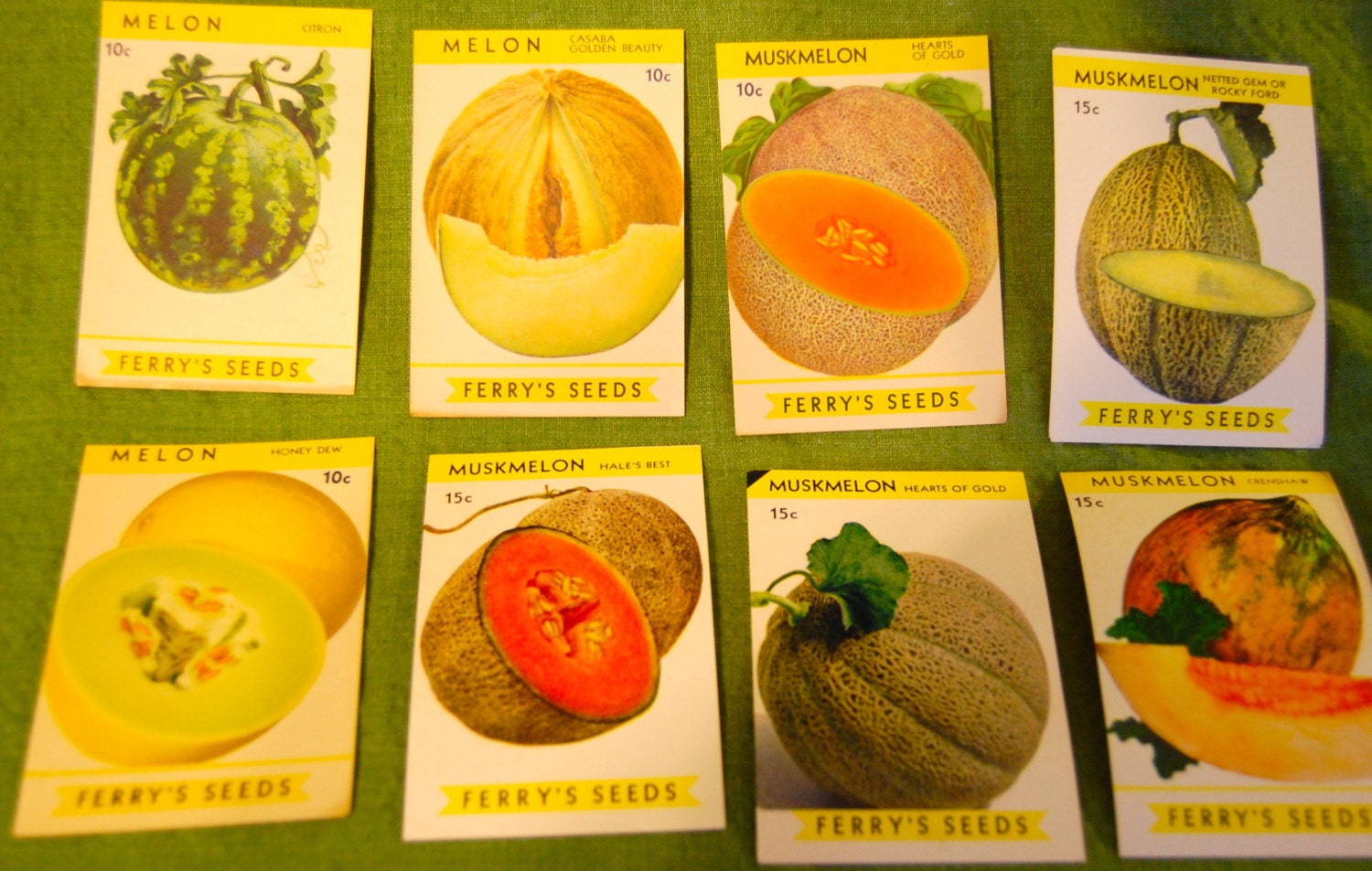 Set of 8 Vintage Seed Pack Labels, Melon & Muskmelon, colorful graphics