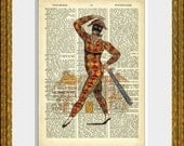 HARLEQUIN 02 recycled book page art print - antique dictionary page with a vintage stage actor illustration - wall decor, theater art