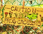 Wood Burned Whimsical Frog Crossing Garden Sign