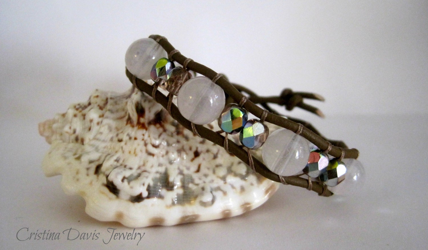 Beaded Leather Wrap Bracelet, Pretty in Pink, Flower Petal Jade, Boho Chic, Single wrap