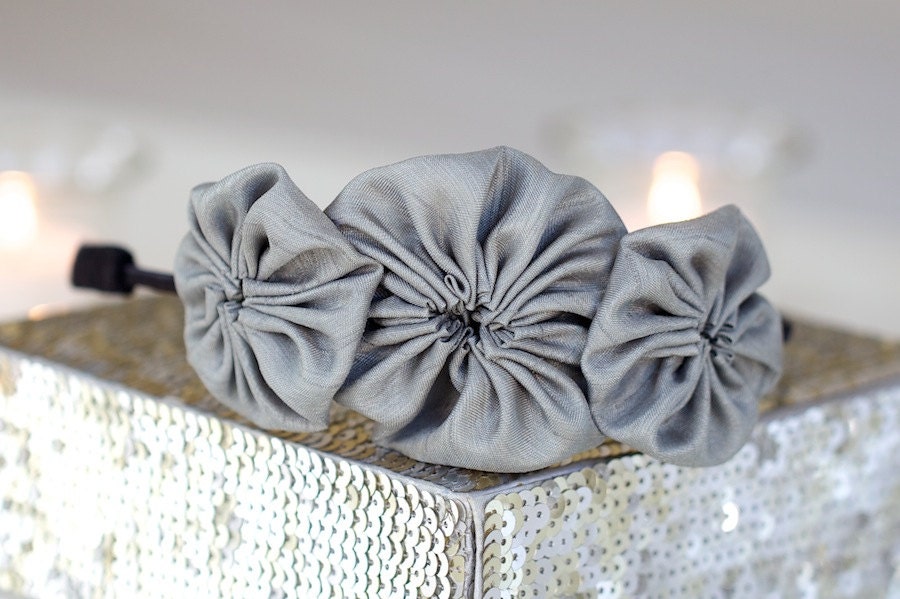 Adult Headband - Slate Grey Shantung Silk Trio Rosette Headband for Women and Girls