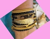 Boho Chic Endless Leather Wrap Beaded Black and Gold Bracelet ... Angel Wing...Adjustable.."FREE SHIPPING"
