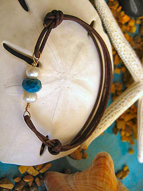 Tiny Treasures - Natural Turquoise and Pearls Leather Adjustable Bracelet 14K Gold Filled Wire