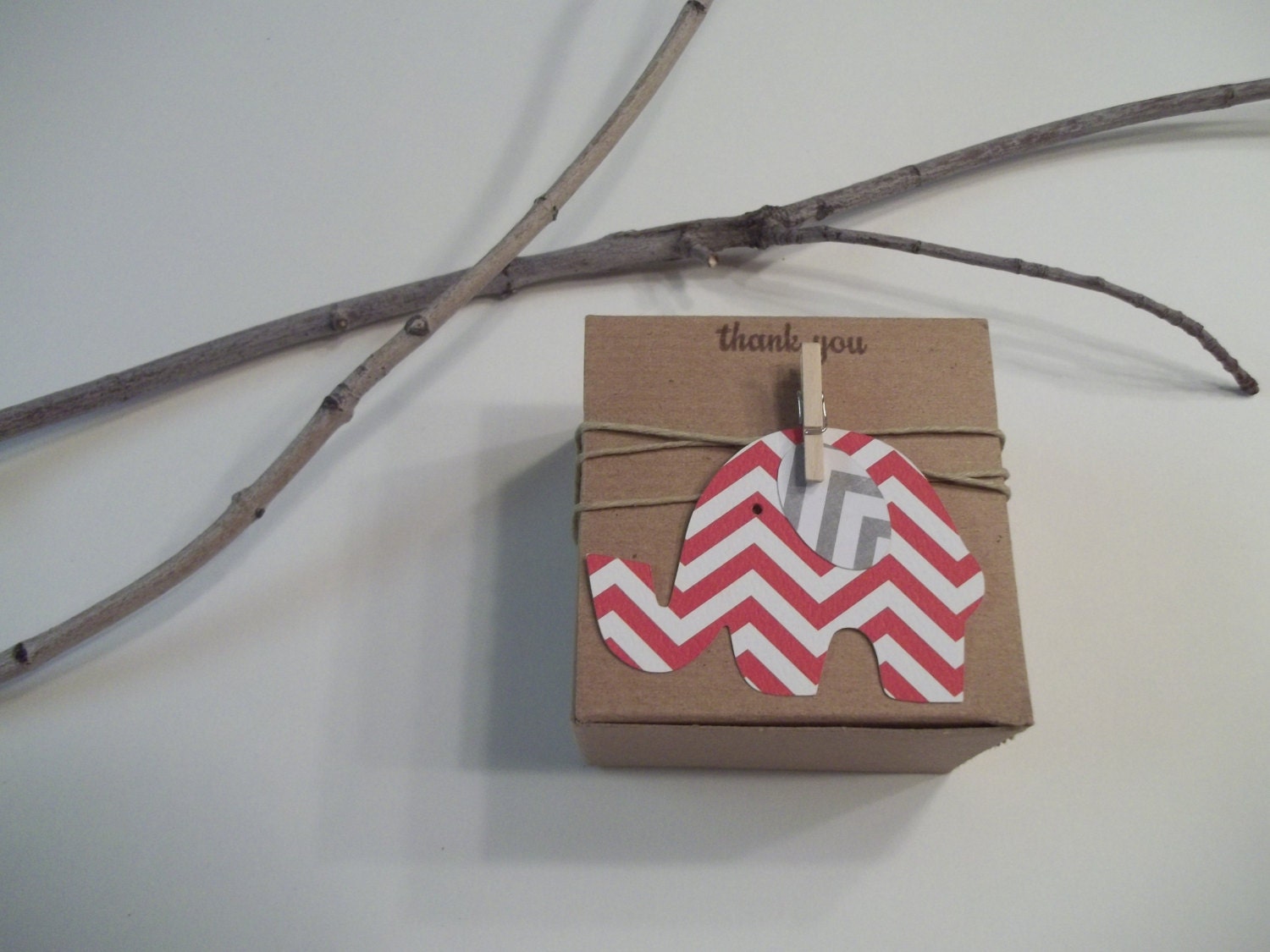 NEW 25 Baby Shower favor boxes red and gray chevron elephant 3x3x2  inch kraft vintage earthy