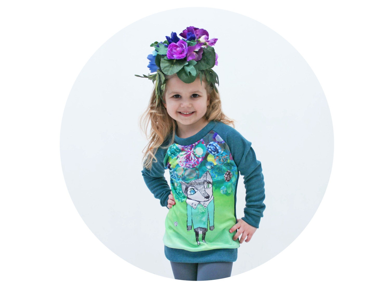 Teal green wolf-  Kids sweatshirt